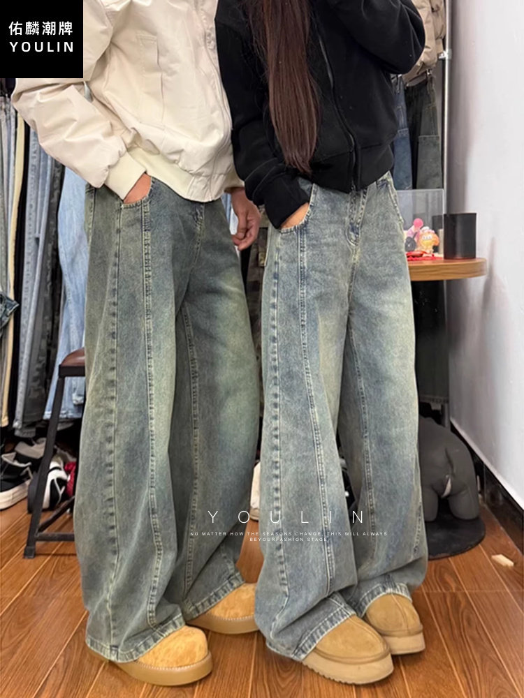 Vintage Blue American-Style Curved Hem Jeans for Men, Winter Thickened Fleece, Slightly Flared Pants, Diagonal Cut Straight-Leg Loose Cargo Pants