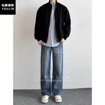 American Retro Blue Straight-Leg Jeans for Men, Autumn and Winter Cleanfit Loose Wide-Leg Pants, Slimming Scimitar Pants