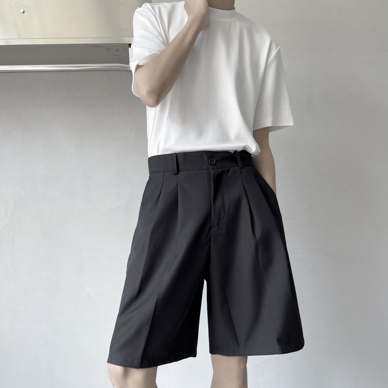 Black Bermuda Suit Shorts for Men, High-End British Style, Elegant Men's Pants, Summer Straight-Leg Knee-Length Six-Point Pants