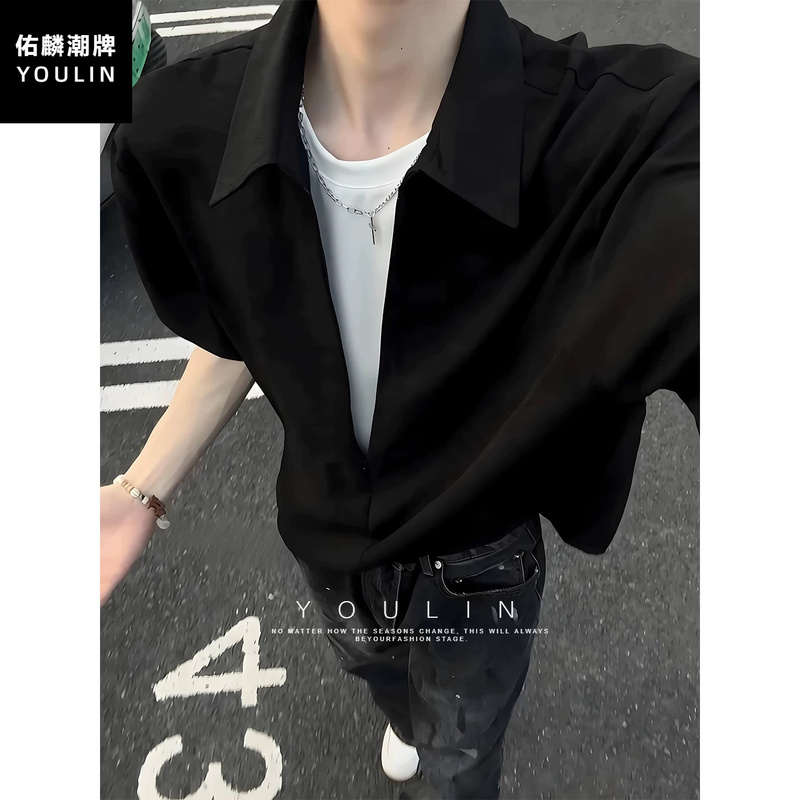 Black American-Style Fake Two-Piece Short-Sleeve Shirt for Men, Summer Casual Look, Collared T-Shirt, Ice Silk Half-Sleeve Shirt