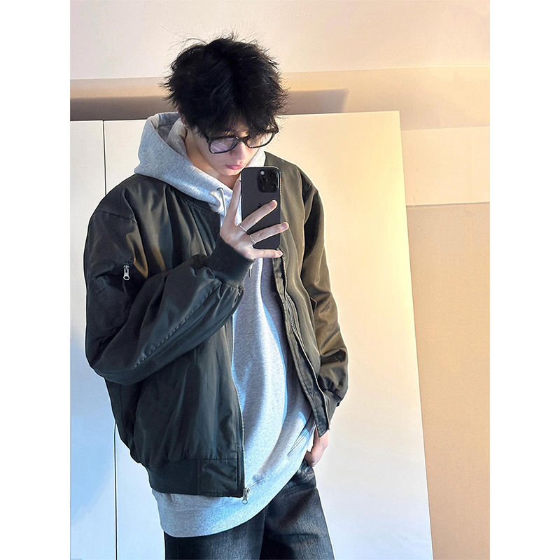 Military Green Short Ma1 Bomber Jacket for Men, Spring and Autumn, Cleanfit American High Street Vibe Baseball Jacket