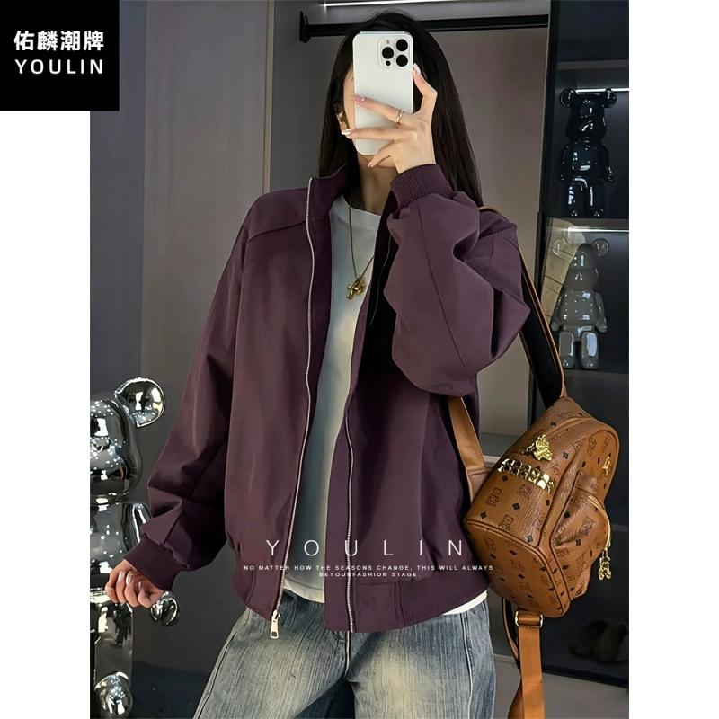 Elegant Purple Stand-Collar Jacket for Men, Autumn Cleanfit Patchwork Short Coat, High-End Couple's Baseball Jacket