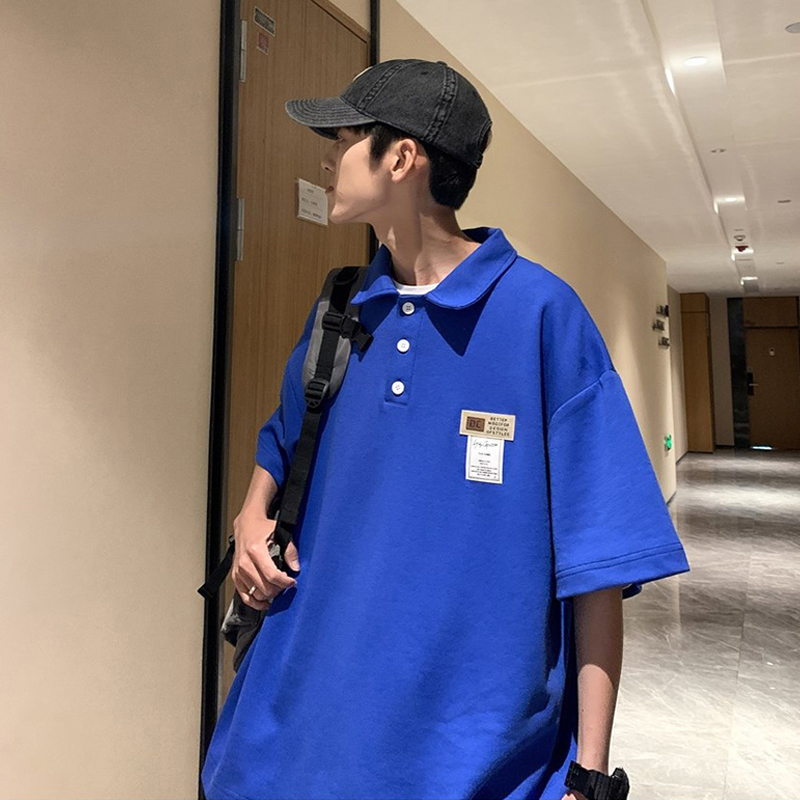 Klein Blue American Polo Shirts Men Ins Tide Retro Heavy Pound Positive Shoulder T-shirt Summer Turnover Short Sleeve Oversize