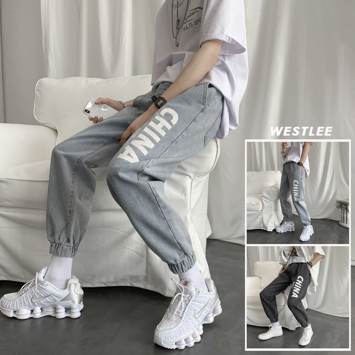 Beam Footed Jeans Male spring Chauffaters 90% Pants Harbor Wind Trends 100 hitch Haren pants Men's Korean version loose