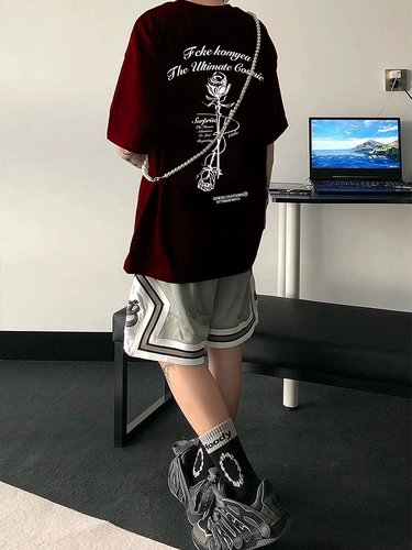 Бордовая модная летняя футболка, европейский стиль, короткий рукав, США