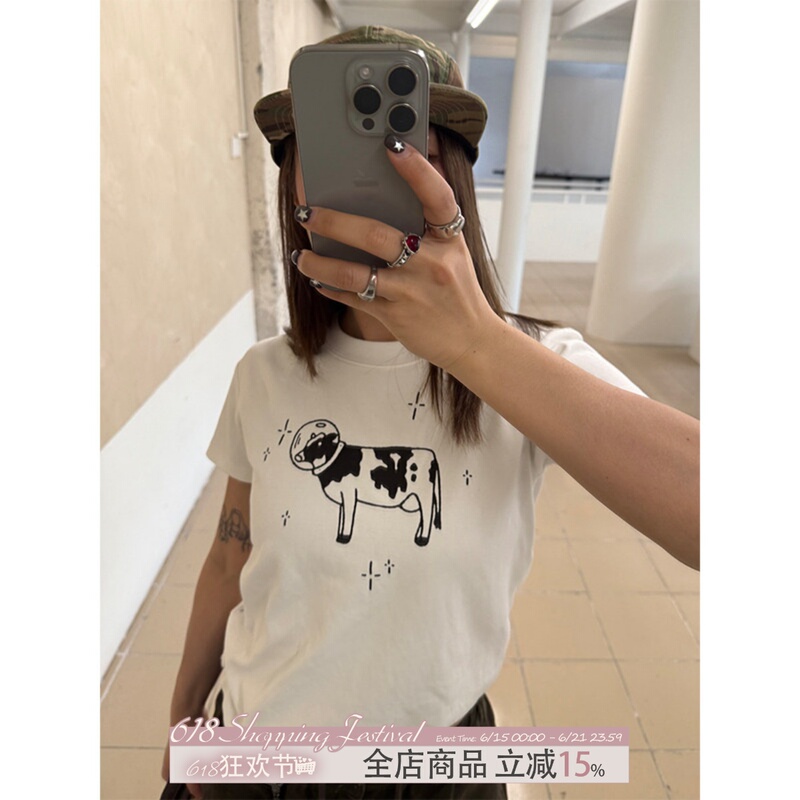 Chuanchuan Yejia American-Style Original Space Cow Print Short-Sleeve T-Shirt for Women, Round Neck, Versatile Summer Top ins