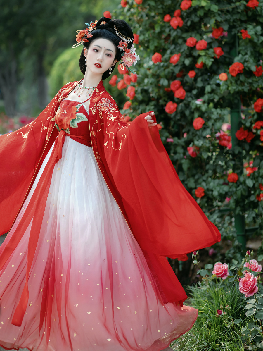 Viscount Autumn Color (Peony National Color) Tang Dynasty Heavy Industry Embroidery Large Sleeve Shirt Myrobalan Skirt Spring and Summer Hanfu Women's Gradient Color