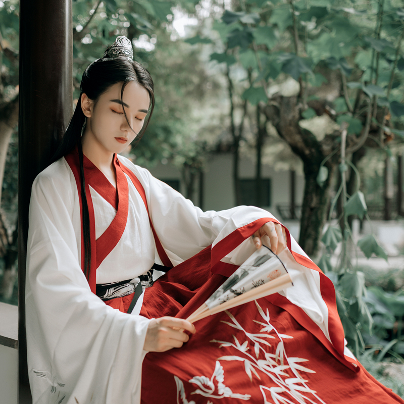 Sub-Baron Autumn Colors Crane Creek Brook Original Hanfu Perimeter Wei Jin Wind Great Sleeve Shirt Embroidered Collar and Skirt Routine