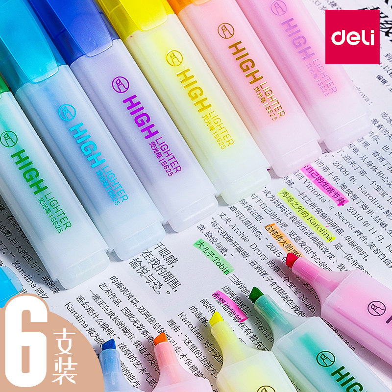 Deli fluorescent marker pen Candy color transparent rod color pen set of hand account pen flash pen Word marker stroke key marker pen Color student set highlighter pen