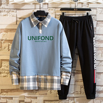 Fake Two T-Shirt Male Long Sleeve Tide Card Teen Spring Suit Big Boy Junior High School High School Student Spring Dress Handsome