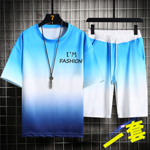 13 Junior High School High School Student Short Sleeve T-shirt Gradient Male 12-15 Year Old Boy Big Boy Teenagers Ice Silk Suit Summer Dress
