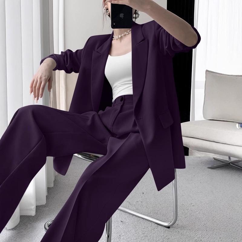 Plus Size Women's Clothing, Purple Suit Set for Chubby Girls, Slimming and Fashionable Wide-Leg Pants Suit, Two-Piece Suit for Plus-Size Women