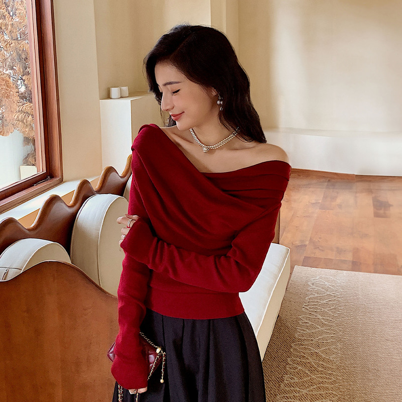 Burgundy Christmas-Themed Outfit, New Year's Top, Off-Shoulder Knit Sweater, Base Layer Top for Women