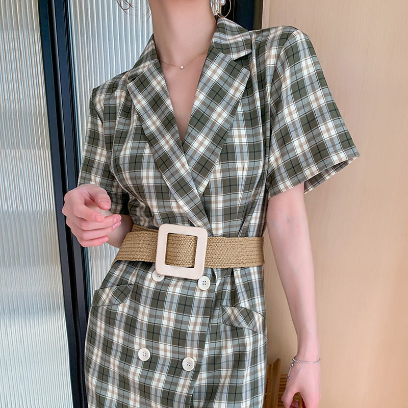 Belt Ocean Clothing Collection Waist Summer 2020 Ox Oil Fruit Green Suit Plaid Slim Dress Retro Skirt Temperament Dating Skirt
