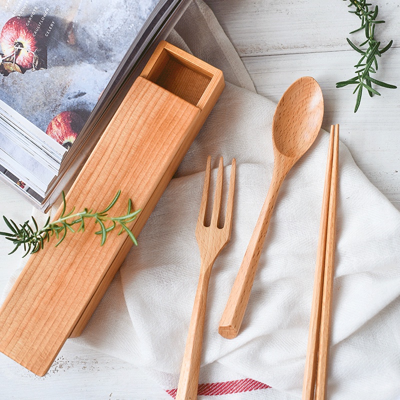 Solid Wooden Tableware Japanese Wooden Box Wooden Spoon Wooden Chopsticks Wooden Fork Four-Piece Set Chopsticks Cutlery Box Portable Travel Tableware
