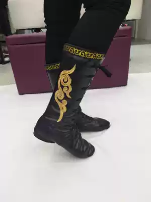 Real cow leather bottom men's and women's soft-soled Mongolian dance high-barrel dance shoes Canvas jazz dance shoes Practice riding boots plus high boots