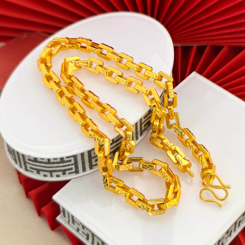 Vietnamese Sand Gold Necklace for Men, Gold-Plated, Gold-Colored, Square-Shaped, Interlocking Chain, Men's Jewelry, Same Style as Gold Stores