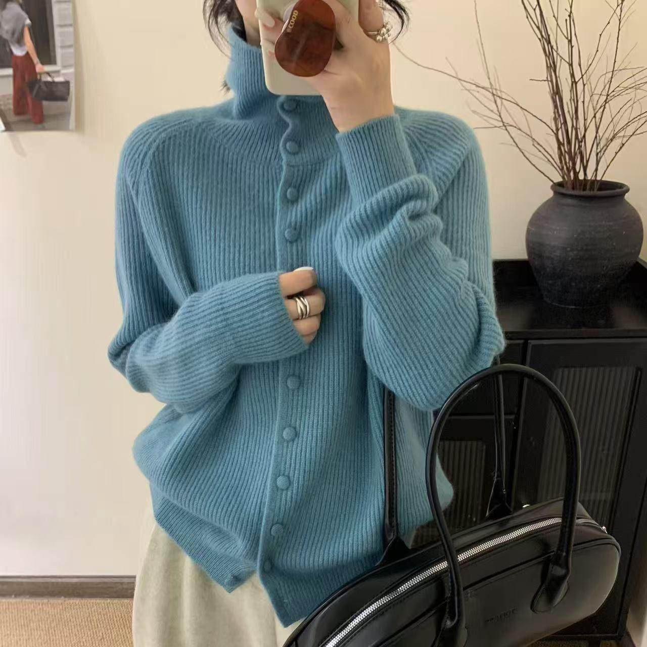 Women's blue pit striped turtleneck covered button knitted cardigan sweater
