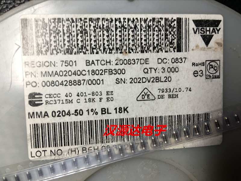 MMA02040C1802FB300 Cylindrical Color Ring Resistor Wafer Resistor 0204 18K 1% 0 4W