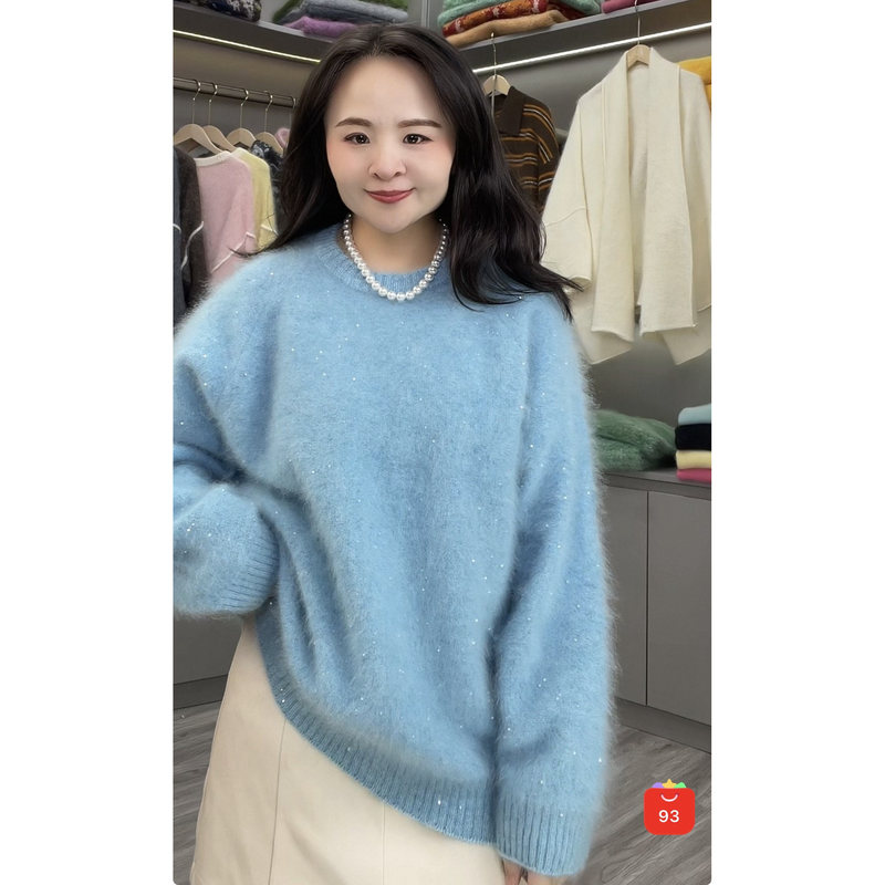Cashmere Mulberry Silk Brushed Knit Sweater with Gold Sequins for Women, Round Neck, Warm Pullover Sweater
