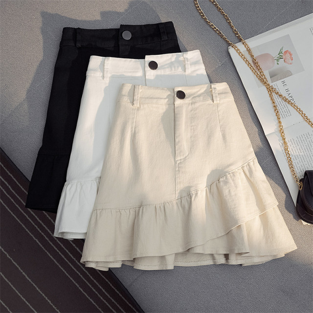 ສິ້ນກະໂປງ ruffled irregular 2024 summer high-waisted A-line hip-hugging slim white denim skirt for petite women