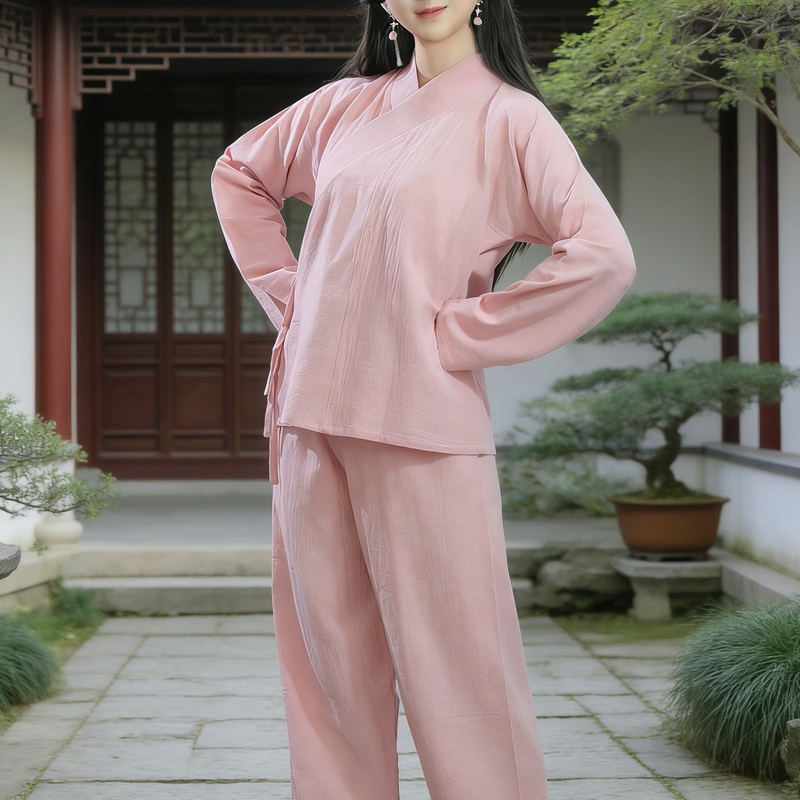 Pure Cotton Hanfu Colorful Mid-Length Shirt Long-Sleeve Set, Modified Cross-Collar Right-Opening Inner Wear, Suitable for Daily Wear, Meditation, Unisex Outerwear, and Sleepwear