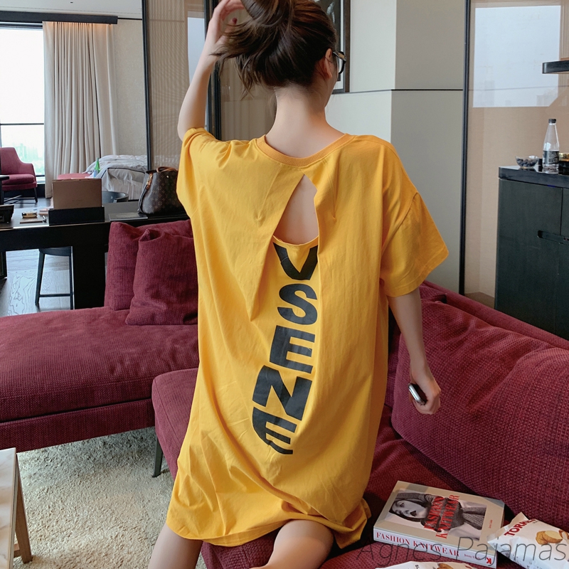 Nightdress women's summer pure cotton pregnant women's thin pajamas cute Japanese loose large size super long knee-length nude homewear