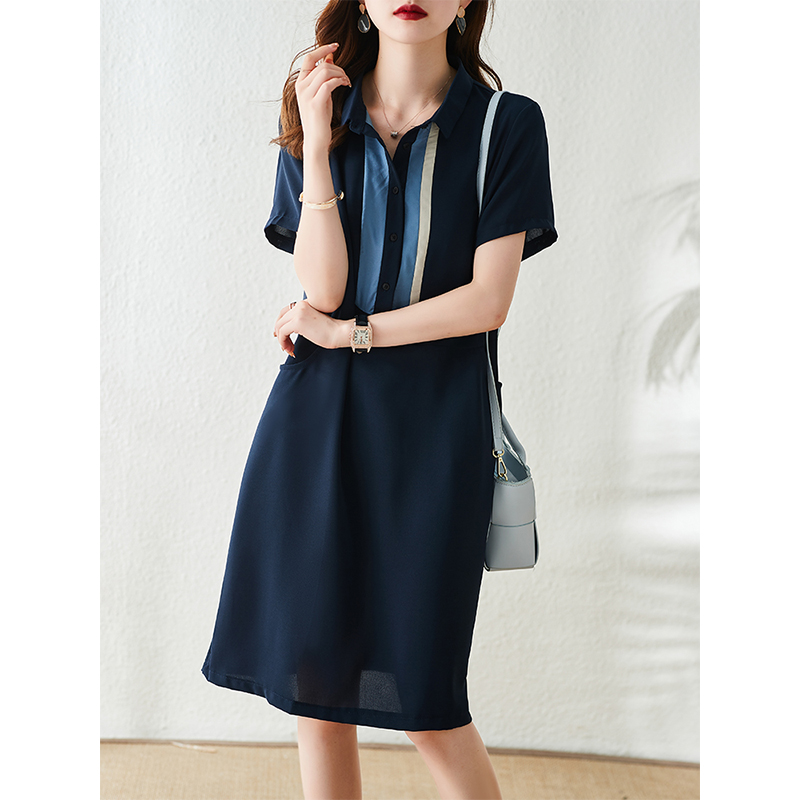 Casual Straight Drum small sub T-shirt Ocean dress Women summer 2022 new polo collar loose short sleeves pure color shirt dress