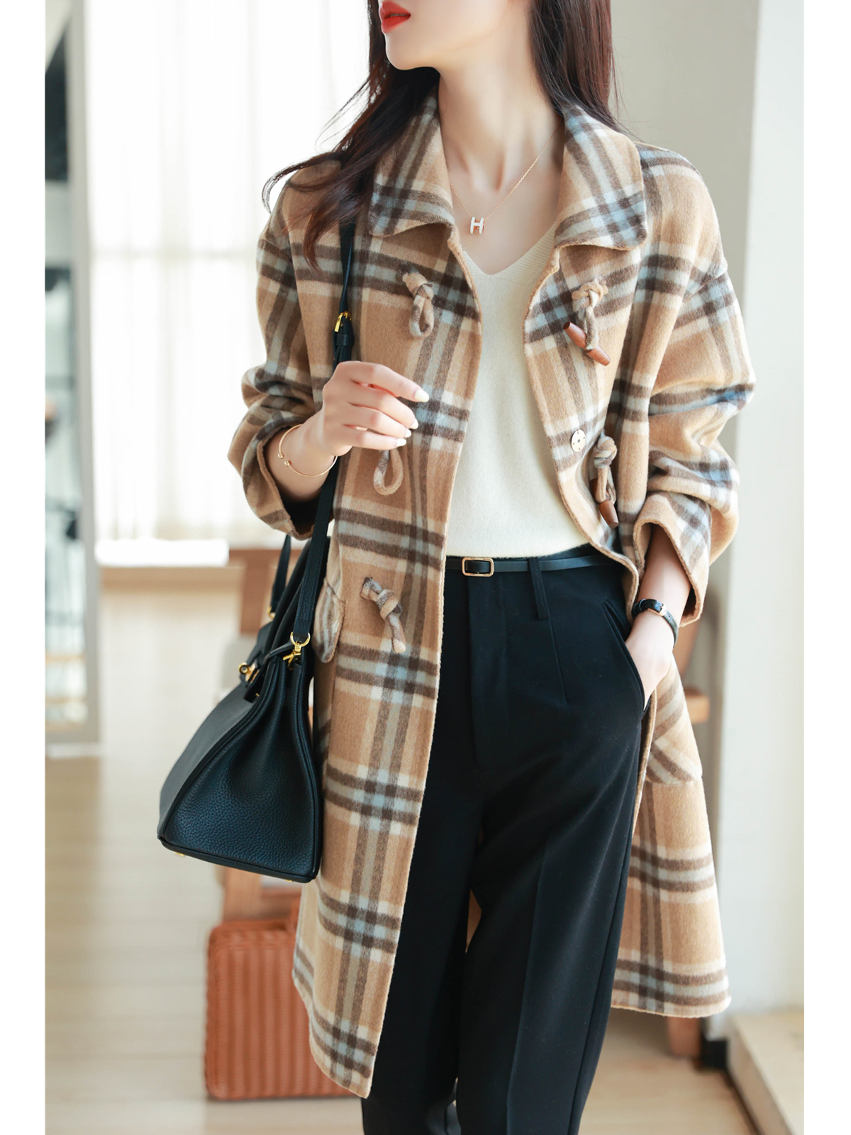 Gge wool double face, long version of the female midsize 2021 autumn winter new horn button loose wool coat blouse