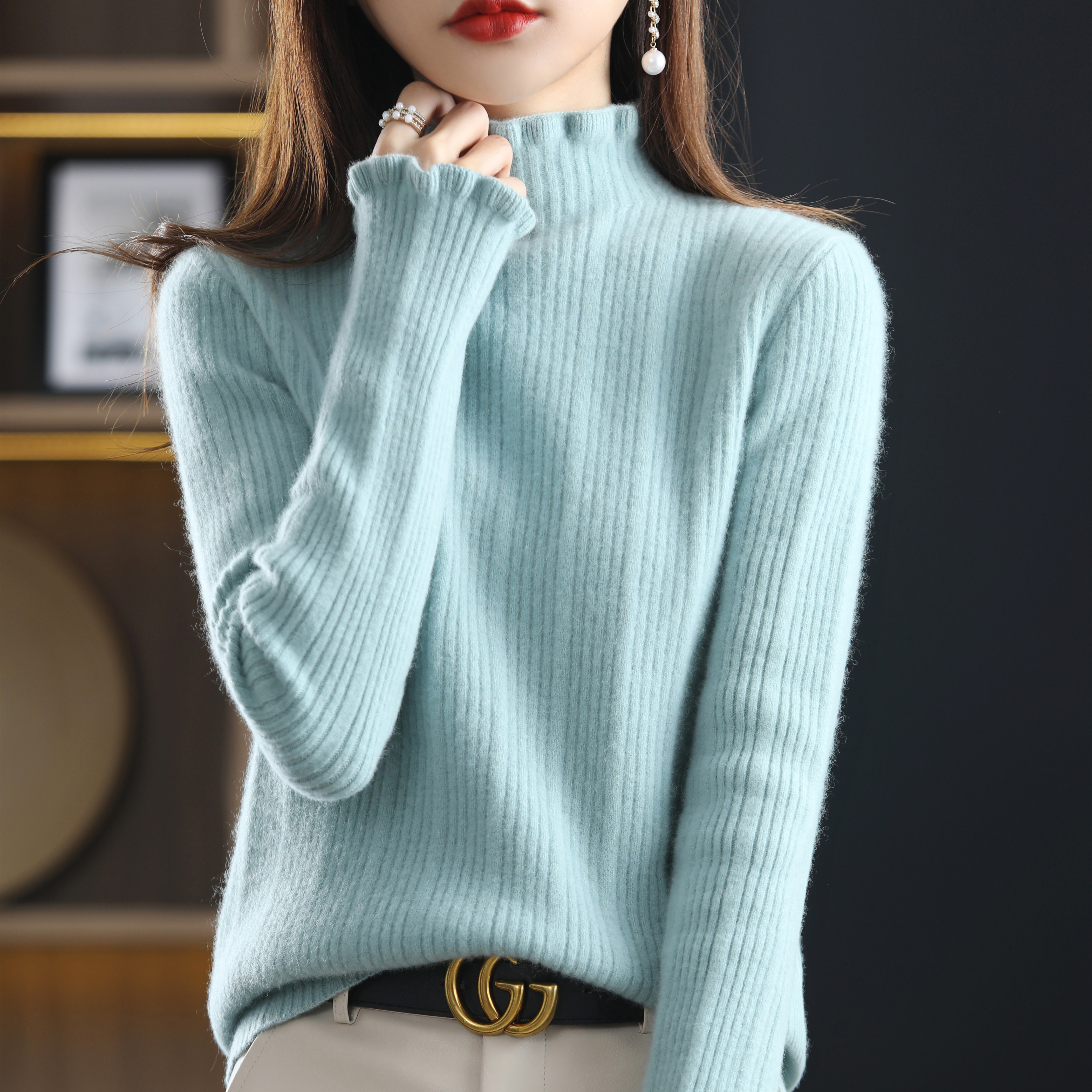 Half-height agaric collar 100% pure cashmere sweater 2021 Winter new temperament sweater wool knit undershirt