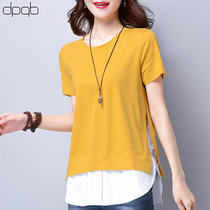 Fake two-piece cotton T-shirt womens short sleeves 2021 summer new shirt slim loose stitching medium and long top