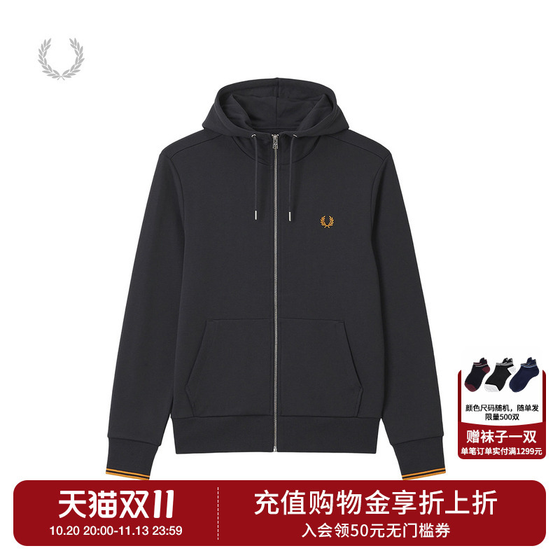 Fred Perry Men's Hooded Zip-Up Sweatshirt 2026 Autumn and Winter New Style Energetic Sports Style Wheat Spike Embroidery Outerwear