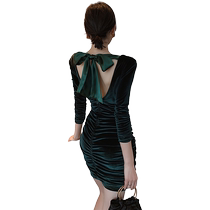 Light luxury celebrity off-shoulder evening dress sexy bow backpack hip dress pleated high waist slim skirt J
