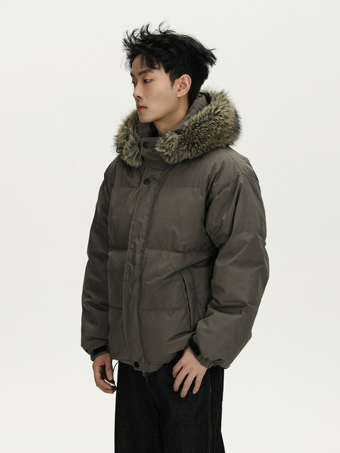 A Carton American-Style Fur Collar Parka down Jacket for Men and Women, Winter Thickened Warm Couple's Coat, Cotton-Padded Jacket, Trendy