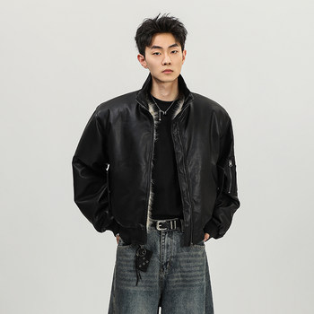 A Carton Design-Inspired Heavy Leather Seat Mountain Carving Fleece-Lined Cotton Jacket for Men, Short Style, Winter Casual, Thickened and Warm
