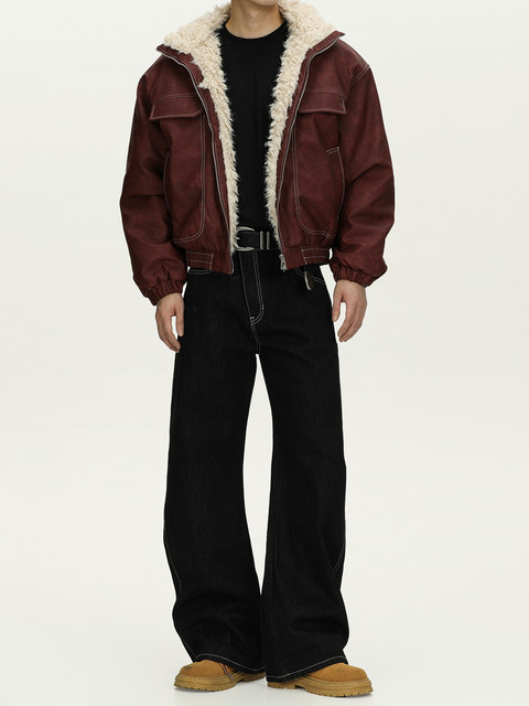 A Carton American Retro Cleanfit Original Color Jeans for Men with Diagonal Zipper, Straight-Leg, Loose-Fitting Long Pants for Commuting