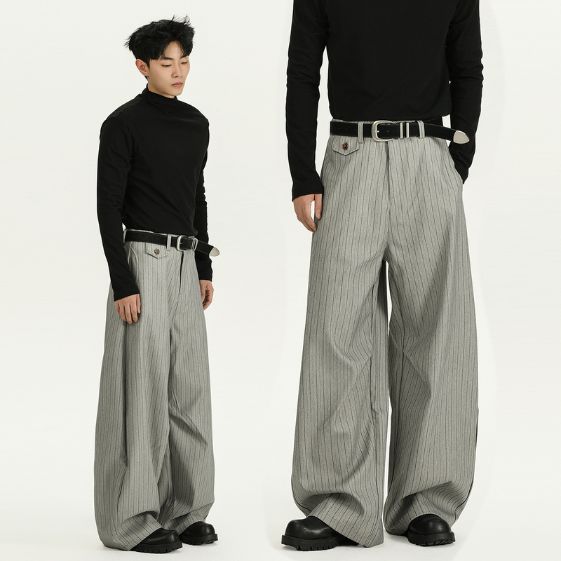 A Carton Old Money Style Striped Trousers for Men and Women, Loose-Fitting Pants with Drape, Casual Wide-Leg Suit Pants, Trendy
