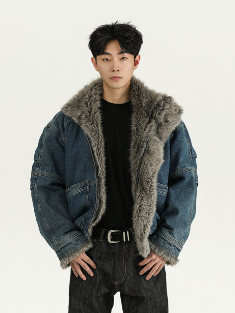 Acarton Retro Washed Design Denim Cotton Jacket for Men and Women, Winter Warm Short Style with Fur Collar