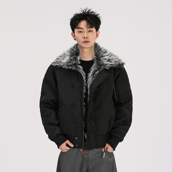 A Carton American-Style Fur Collar Jacket, Mountain Carving Cotton Coat, Unisex Winter Design, Thickened Jacket, Casual Cotton Clothing