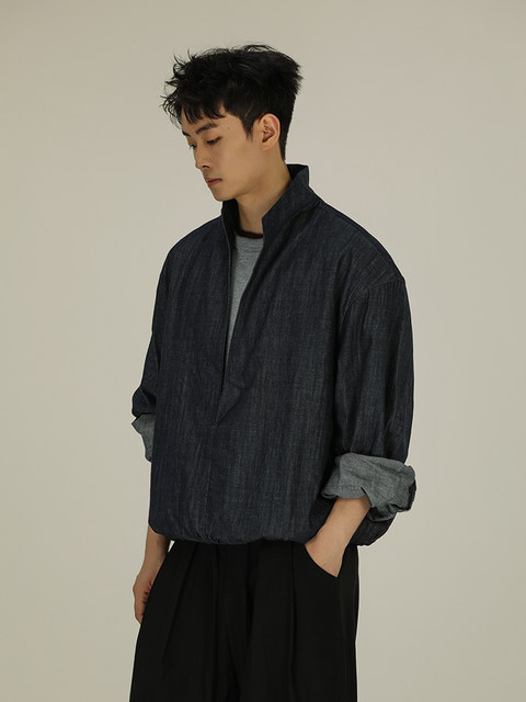 A Carton American-Style Original Denim Faux Two-Piece V-Neck Jacket, Loose Fit, Unisex Pullover Design, Stand Collar, Thin Coat, Trendy