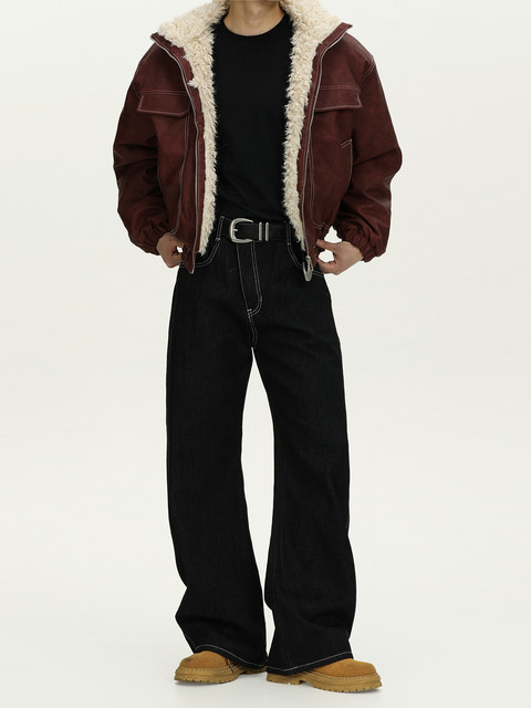 A Carton American Retro Cleanfit Original Color Jeans for Men with Diagonal Zipper, Straight-Leg, Loose-Fitting Long Pants for Commuting