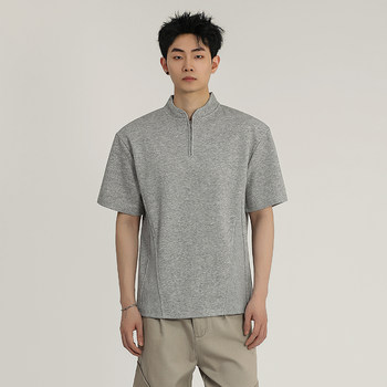 Acarton Deconstructed Half-Zip Stand Collar Short-Sleeve T-Shirt for Men and Women, American Design, Loose Casual Regular Shoulder Top, Trendy