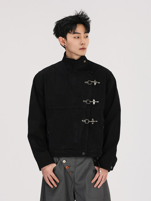 A Carton Vintage-Style Airplane Buckle Stand-Up Collar Jacket for Men and Women, American Retro Vintage Short Wide Workwear Jacket, Trendy