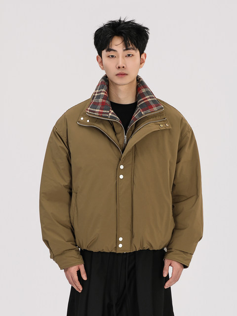 A Carton Winter Plaid Patchwork 90 White Duck down Jacket for Men and Women with a Stylish Design, Faux Two-Piece Cotton Coat, Trendy