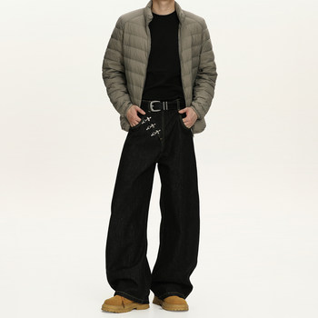 A Carton American-Style Raw Denim Scimitar-Cut Jeans for Men and Women, Baggy Design, Raw Denim Wide-Leg Casual Pants