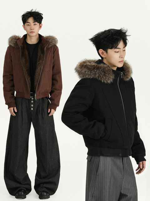 A Carton American-Style Workwear Warm Hooded down Jacket for Men and Women, High-End Casual Fur Collar Jacket, Trendy