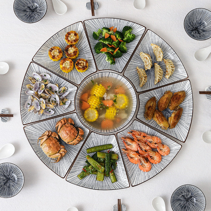 Internet celebrity New Year's Eve dinner reunion split grid fan-shaped dish plate ceramic platter round table set plate Japanese and style tableware combination