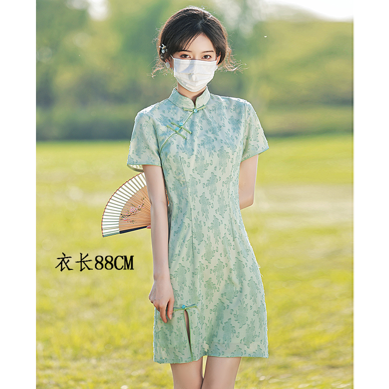 images 1:Embroidered Rose Flamboyant Young high-end temperament improved long elegant girl green chiffon 2024 spring and summer new - Taobao