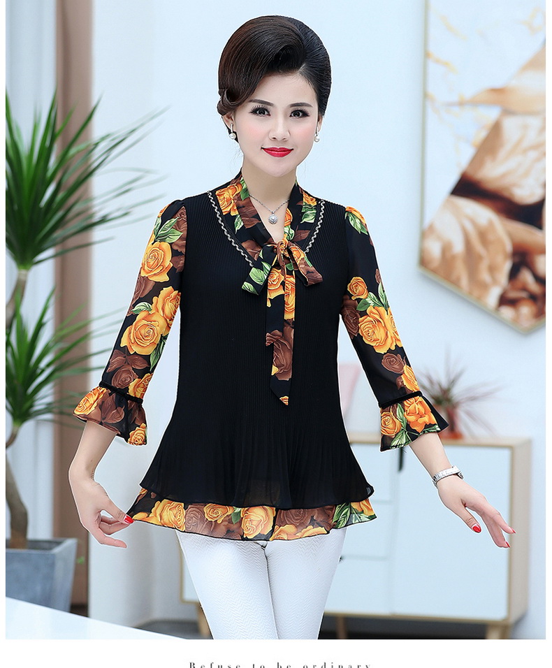Áo bà bầu 2019 mới áo thun trung niên nữ voan nhỏ sơ mi rộng vợ ngoại dáng áo thun dáng lửng trong tay áo quý phái - Quần áo của mẹ áo kiểu tuổi trung niên