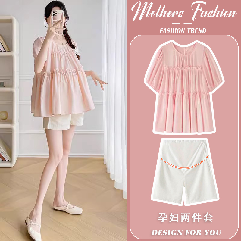 Maternity Suit Summer 2026 New Style Fashionable Loose Sweet Babydoll Shirt Thin Short-Sleeved Top and Shorts Two-Piece Set